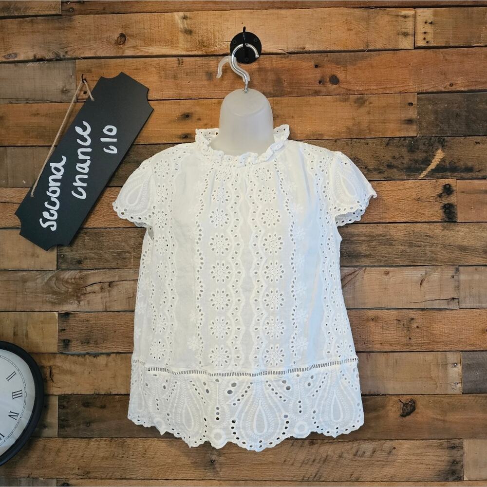 Adiva Women's Floral White Eyelet Cap Sleeves Peek Through Blouse Size M